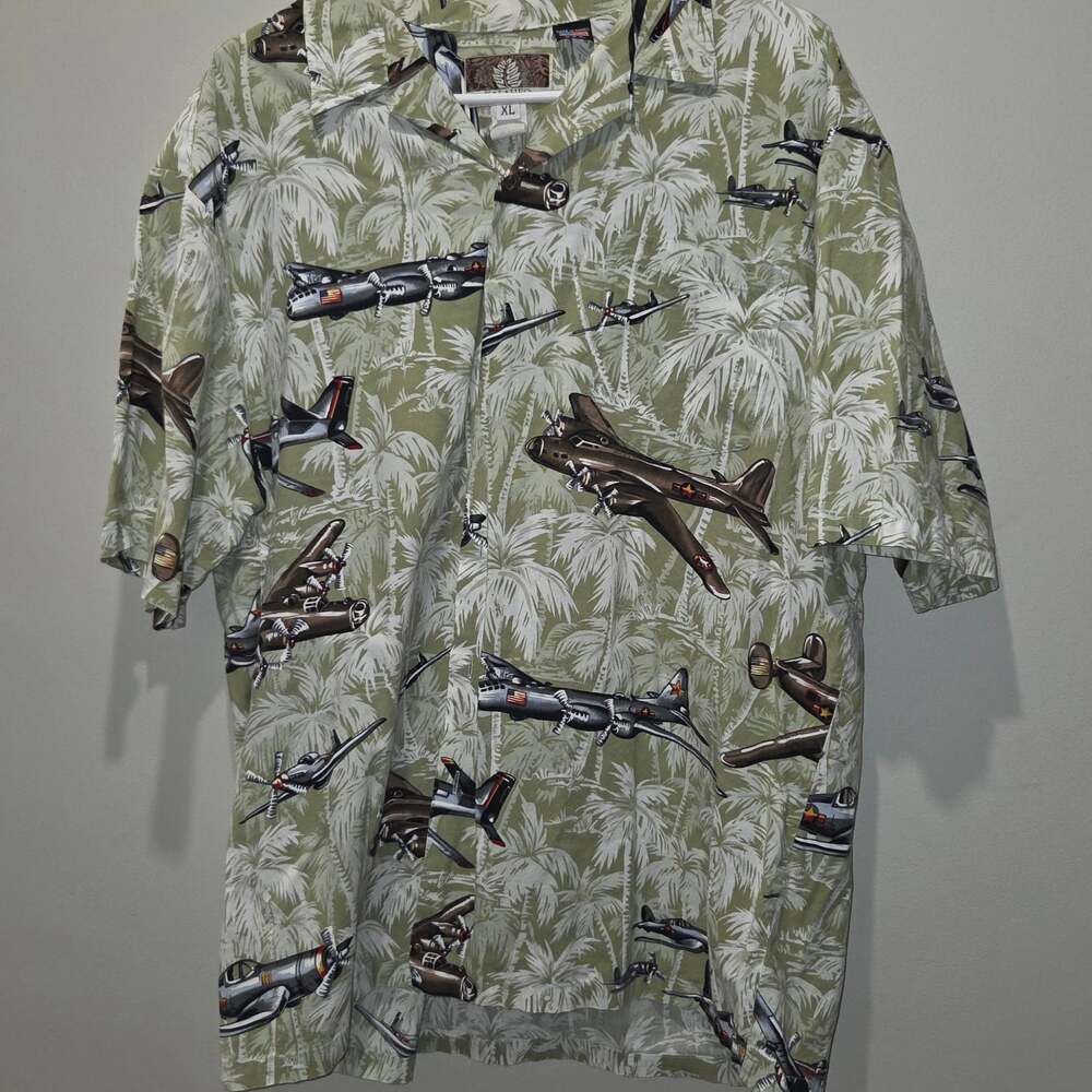 Kalaheo Made in Hawaii Men's XL Bomber Plane WWII Aviation Print Hawaiian Shirt